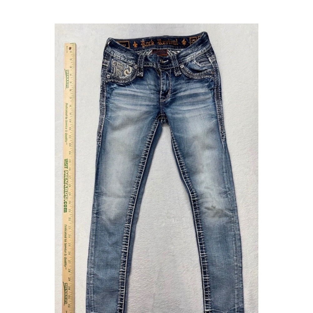 Rock Revival Mid Rise Ankle Skinny Jeans Blue Size 23 Rhinestone Flap